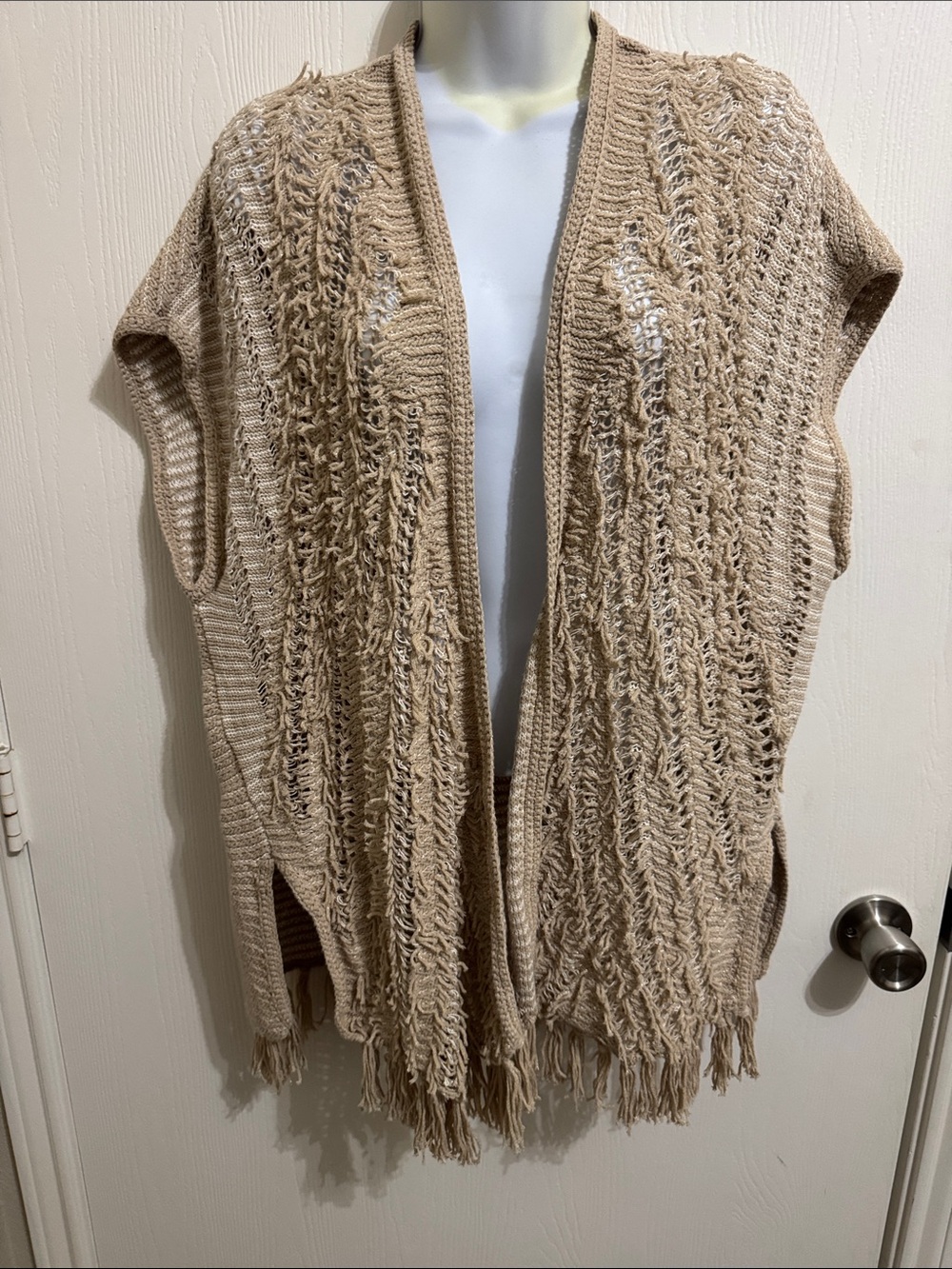 Ann‎ Taylor LOFT Fringe Poncho Sweater Textured Knit Beachside Khaki NWT Medium